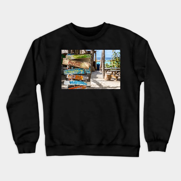 Bright sign in Mambo Beach Boulevard, Willemstad, Curacao Crewneck Sweatshirt by keeplooping